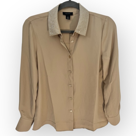 NWOT Halogen Tan Blouse with Embellished Collar - Picture 1 of 2
